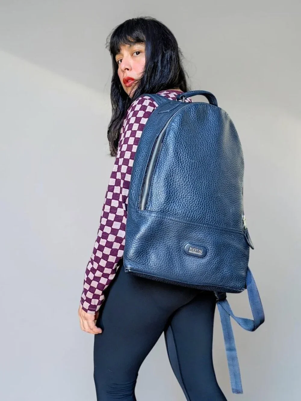 Hugo Boss VTG 90's minimalist navy pebbled leather / nylon M's medium backpack